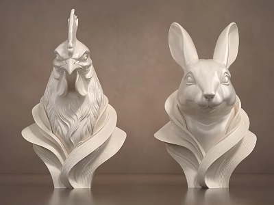White Rooster And Rabbit Head Sculptures With Decorative Wavy Base 3d model