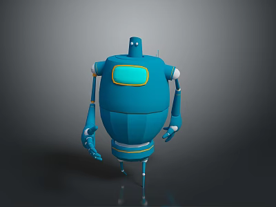 3D Blue Robot Game and Movie Character with Rounded Body Yellow Accents in Standing Pose 3d model