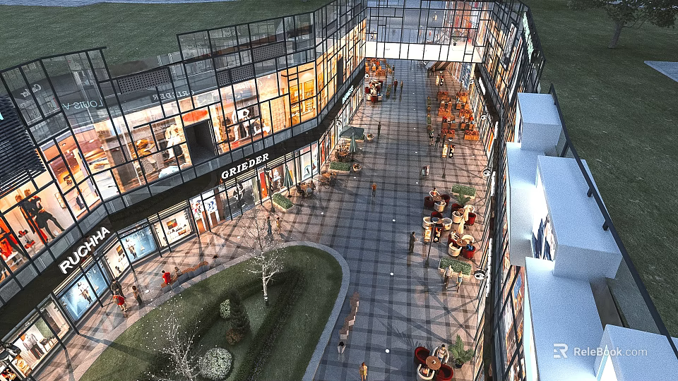 Vibrant Pedestrian Commercial Street With Glass Facade Shops Outdoor Seating And Greenery 3d model 