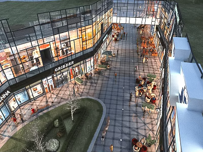 Vibrant Pedestrian Commercial Street With Glass Facade Shops Outdoor Seating And Greenery 3d model