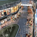 Vibrant Pedestrian Commercial Street With Glass Facade Shops Outdoor Seating And Greenery