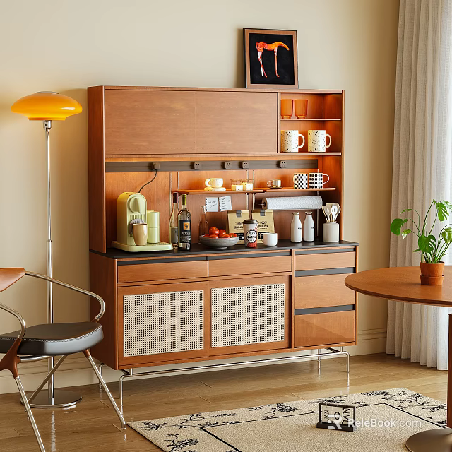Modern Wooden Sideboard With Open Shelves Drawers And Coffee Machine In Living Room 3d model 