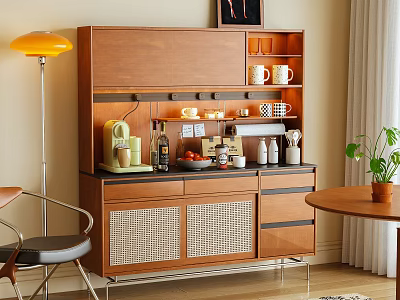Modern Wooden Sideboard With Open Shelves Drawers And Coffee Machine In Living Room 3d model