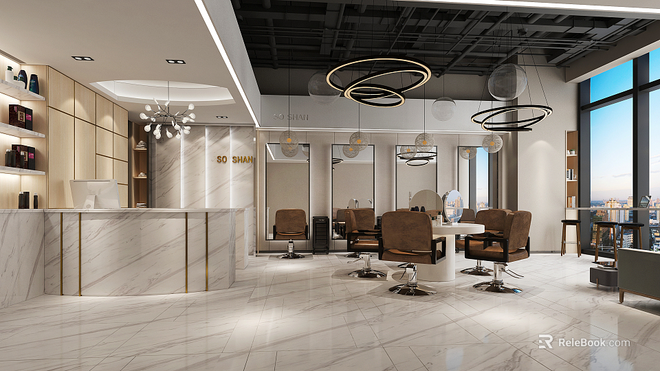 Modern Elegant Beauty Salon Interior With Marble Reception Desk Brown Chairs Mirrors And Pendant Lights 3d model 