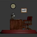 Wooden Desk Interior With Red Chair Table Lamp Wall Clock Picture Frame Scattered Papers