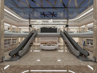 Shopping Mall Lobby With Dual Escalators Glass Ceiling Snow Mountain Chandelier And Marble Floor 3d model