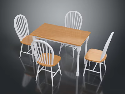 Wooden Dining Table With White Legs And Four Curved Back Chairs Set 3d model