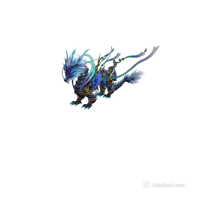 Ornate Blue Purple Mythical Creature With Feathers Ribbons And Golden Accents 3d model 