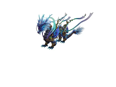 Ornate Blue Purple Mythical Creature With Feathers Ribbons And Golden Accents 3d model