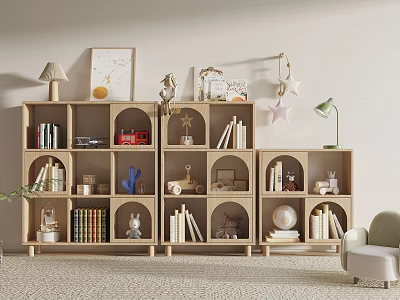 Light Wooden Decorative Cabinets With Books Figurines Globe And Decor Items In Modern Home 3d model