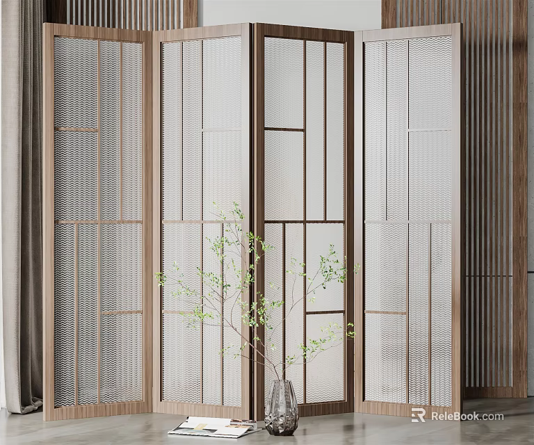 Modern Wooden Frame Room Divider With Hollow Grid Design And Green Plant In Minimalist Interior 3d model 