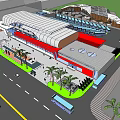 Modern Bus Station Exterior With Curved Roof Red And White Facade And Palm Trees