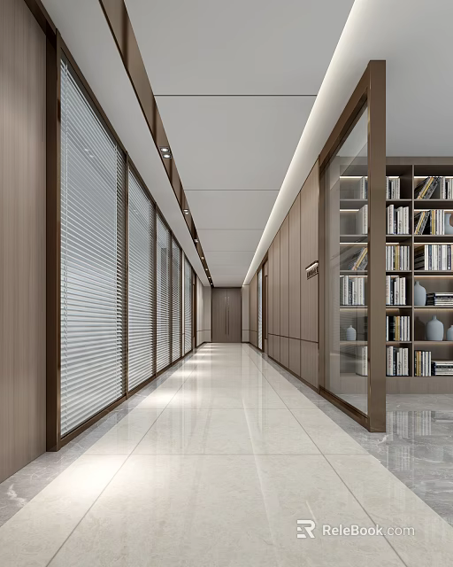 Modern Elevator Hallway With Wooden Panels Glass Partitions Built in Bookshelves And Bright Flooring 3d model 