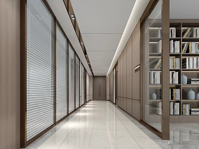Modern Elevator Hallway With Wooden Panels Glass Partitions Built in Bookshelves And Bright Flooring 3d model