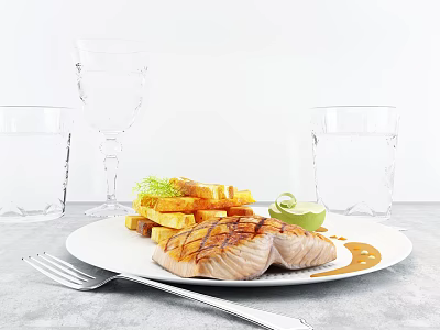Grilled Salmon With Fried Potato Cubes And Lime Garnish On Plate With Fork And Glassware 3d model