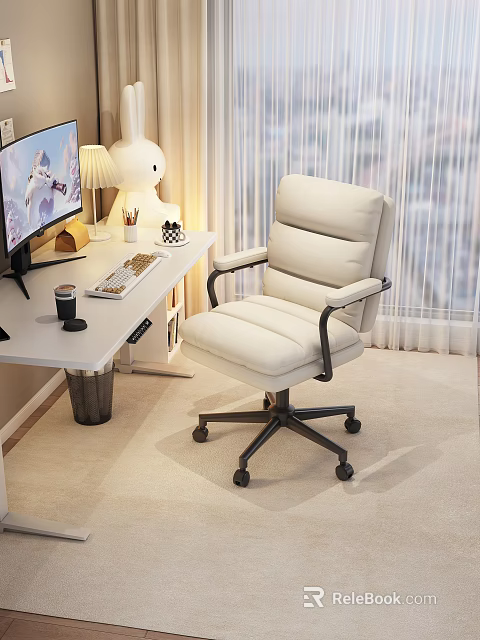 Modern Office Desk with Computer Monitor Keyboard Desk Lamp and White Ergonomic Chair near Window 3d model 