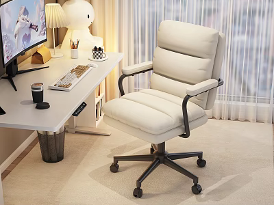 Modern Office Desk with Computer Monitor Keyboard Desk Lamp and White Ergonomic Chair near Window 3d model