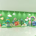 Activity Passage With Green Walls Cartoon Decorations White Floor And Lights