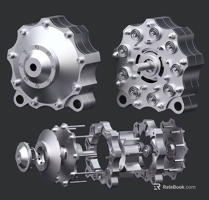 Silver Metal Mechanical Components With Gear Structure And Bolt Details 3d model