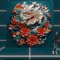 Stunning Dragon Artwork With Peony Flowers Illuminated Blue Background And Person