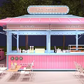 Vibrant Outdoor Dining Street With Pink Blue Shops Awnings And Cactus Decorations