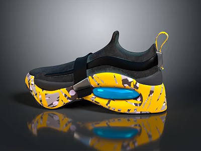 Modern Sporty Sneakers With Yellow Camo Sole Black Upper Blue Cushion And Strap Design 3d model