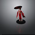 Traditional Red Kimono Costume With Doll Figure And Red Umbrella Cherry Blossom Petals