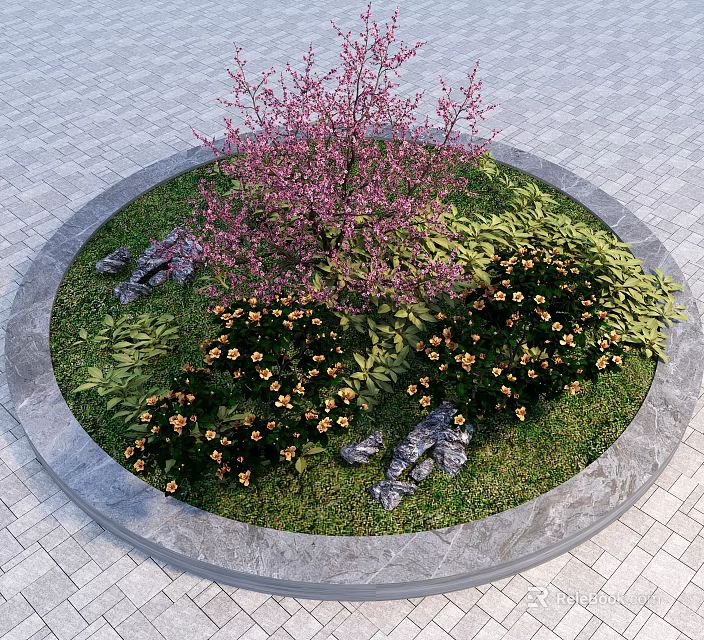 Circular Garden Landscape With Pink Flowering Tree Green Lawn And Yellow Flowers 3d model 