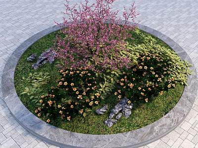 Circular Garden Landscape With Pink Flowering Tree Green Lawn And Yellow Flowers 3d model