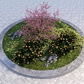 Circular Garden Landscape With Pink Flowering Tree Green Lawn And Yellow Flowers