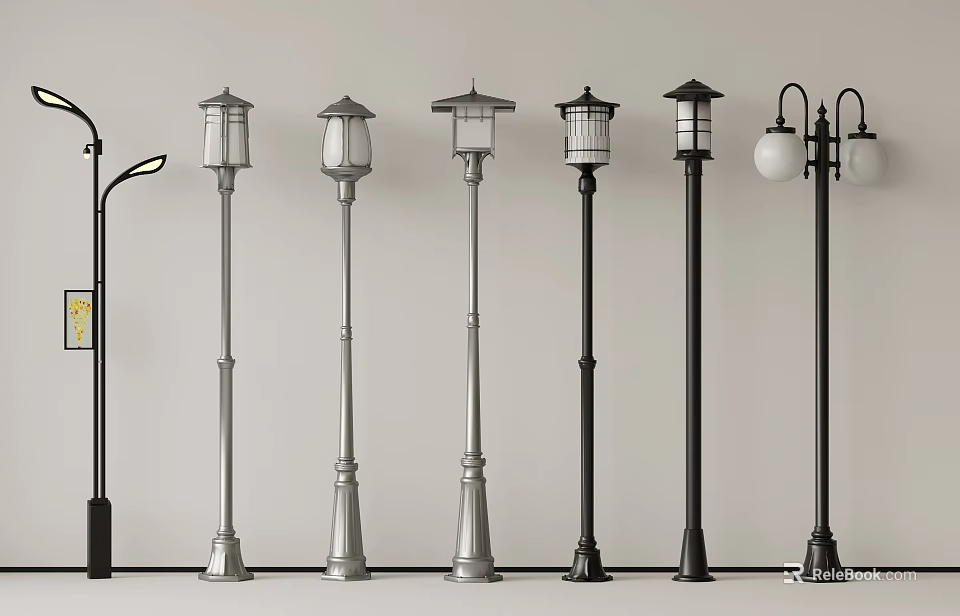 Various Designs Outdoor Lamps With Metal Poles And Lampshades For Garden Lighting 3d model 