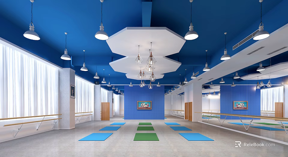Fitness Studio Interior With Blue Ceiling Pendant Lights Hexagonal Decor Mirrors And Yoga Mats 3d model 