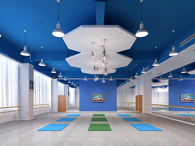 Fitness Studio Interior With Blue Ceiling Pendant Lights Hexagonal Decor Mirrors And Yoga Mats 3d model