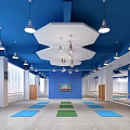 Fitness Studio Interior With Blue Ceiling Pendant Lights Hexagonal Decor Mirrors And Yoga Mats