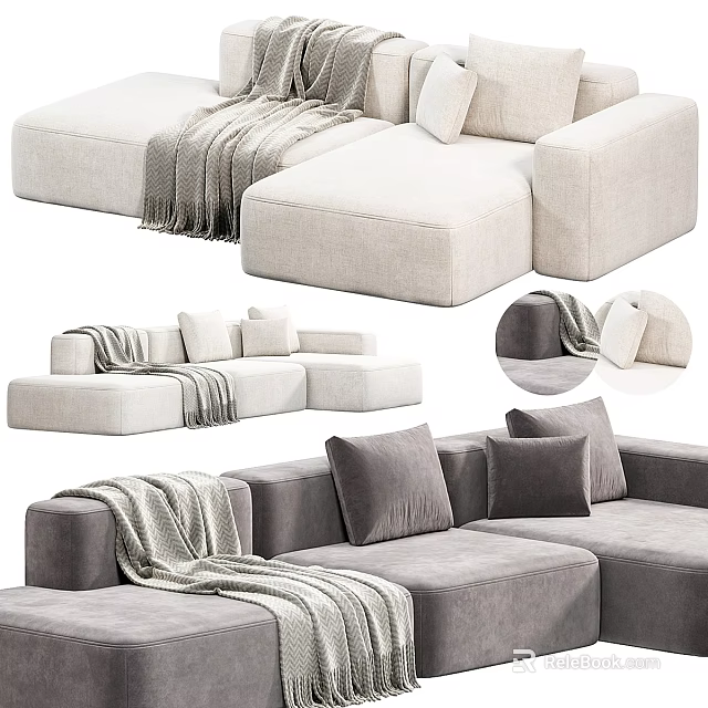 Comfortable Sectional Sofa with Neutral Tones Soft Pillows and Cozy Blanket 3d model 
