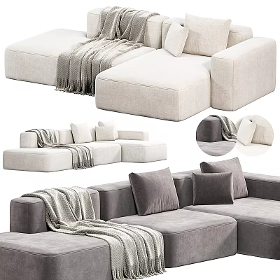 Comfortable Sectional Sofa with Neutral Tones Soft Pillows and Cozy Blanket 3d model