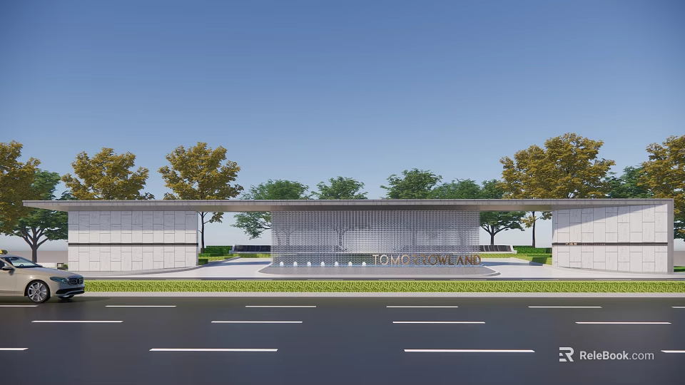 Modern TOMI Community Entrance Gate With White Walls Metal Structure And Trees 3d model 