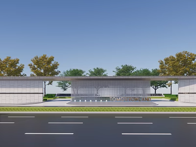 Modern TOMI Community Entrance Gate With White Walls Metal Structure And Trees 3d model