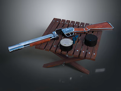 Vintage Wooden Table Display With Silver Revolver And Ammunition Cylinders 3d model