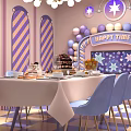 Colorful Restaurant With Purple Yellow Striped Walls Chandelier Table Blue Chairs Happy Day Balloons Checkerboard Floor