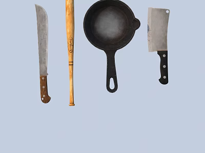 Essential Kitchen Utensils Including Long Knife Rolling Pin Frying Pan And Cleaver 3d model