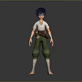 Blue Haired Barefoot Game Movie Character With White T Shirt Green Pants Brown Waist Bag