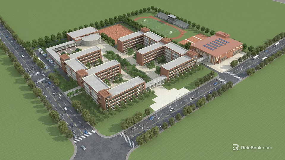 School Building Campus With Red Brick Classroom Buildings Sports Field Greenery And Roads 3d model 