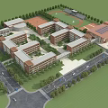 School Building Campus With Red Brick Classroom Buildings Sports Field Greenery And Roads