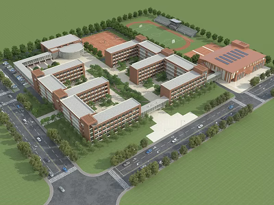 School Building Campus With Red Brick Classroom Buildings Sports Field Greenery And Roads 3d model