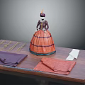 Vintage Striped Gown On Mannequin With Purple Orange White Fabrics And Sewing Materials