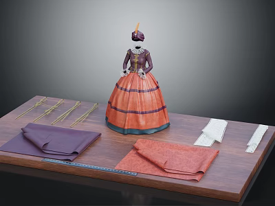 Vintage Striped Gown On Mannequin With Purple Orange White Fabrics And Sewing Materials 3d model