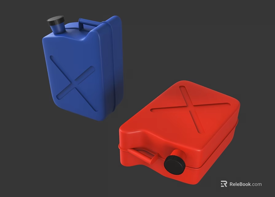 Blue And Red Plastic Jerry Cans With Secure Lids On Dark Background 3d model 