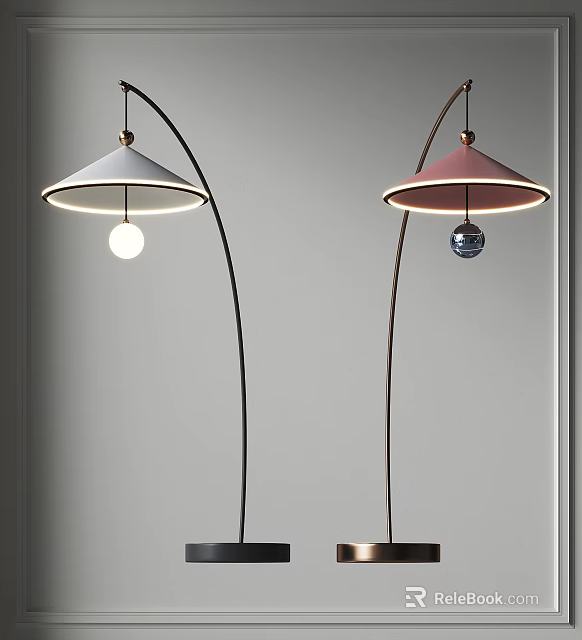 Modern Curved Floor Lamps With White And Pink Umbrella Shades And Decorative Bulbs 3d model 