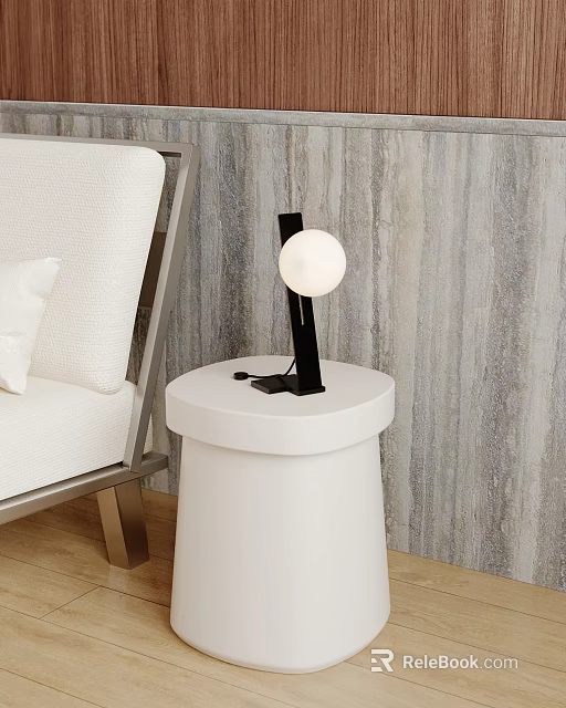 Table Lamp With Black Stand And White Spherical Shade On White Round Table Near Sofa 3d model 
